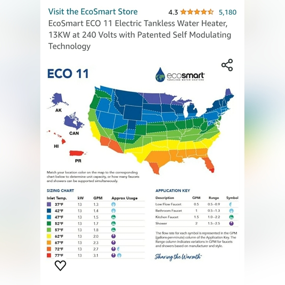 EcoSmart ECO 11 Electric Tankless Water Heater, 13KW, 240 Volts New without box - Picture 4 of 11